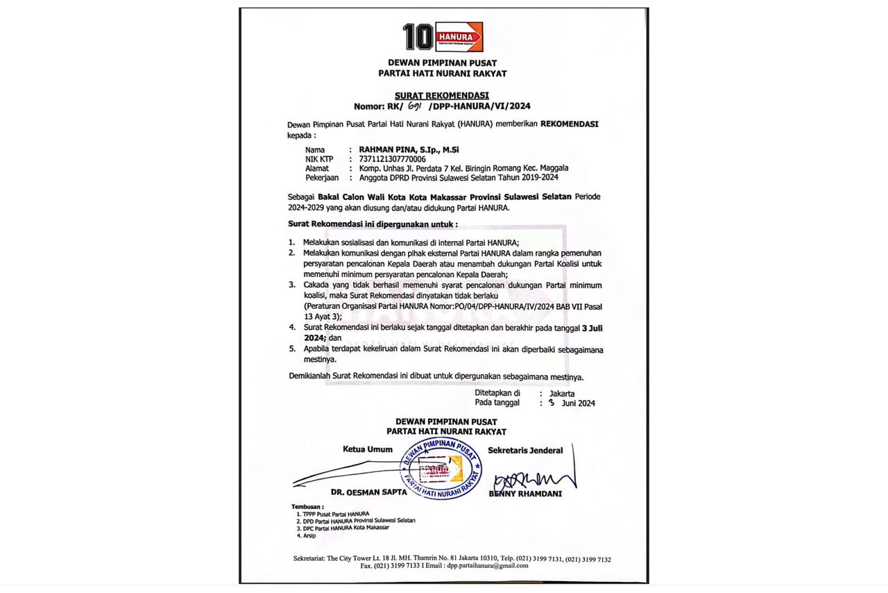 Surat rekomendasi Partai Hanura untuk Rahman Pina di Pilwali Makassar. (Ist)