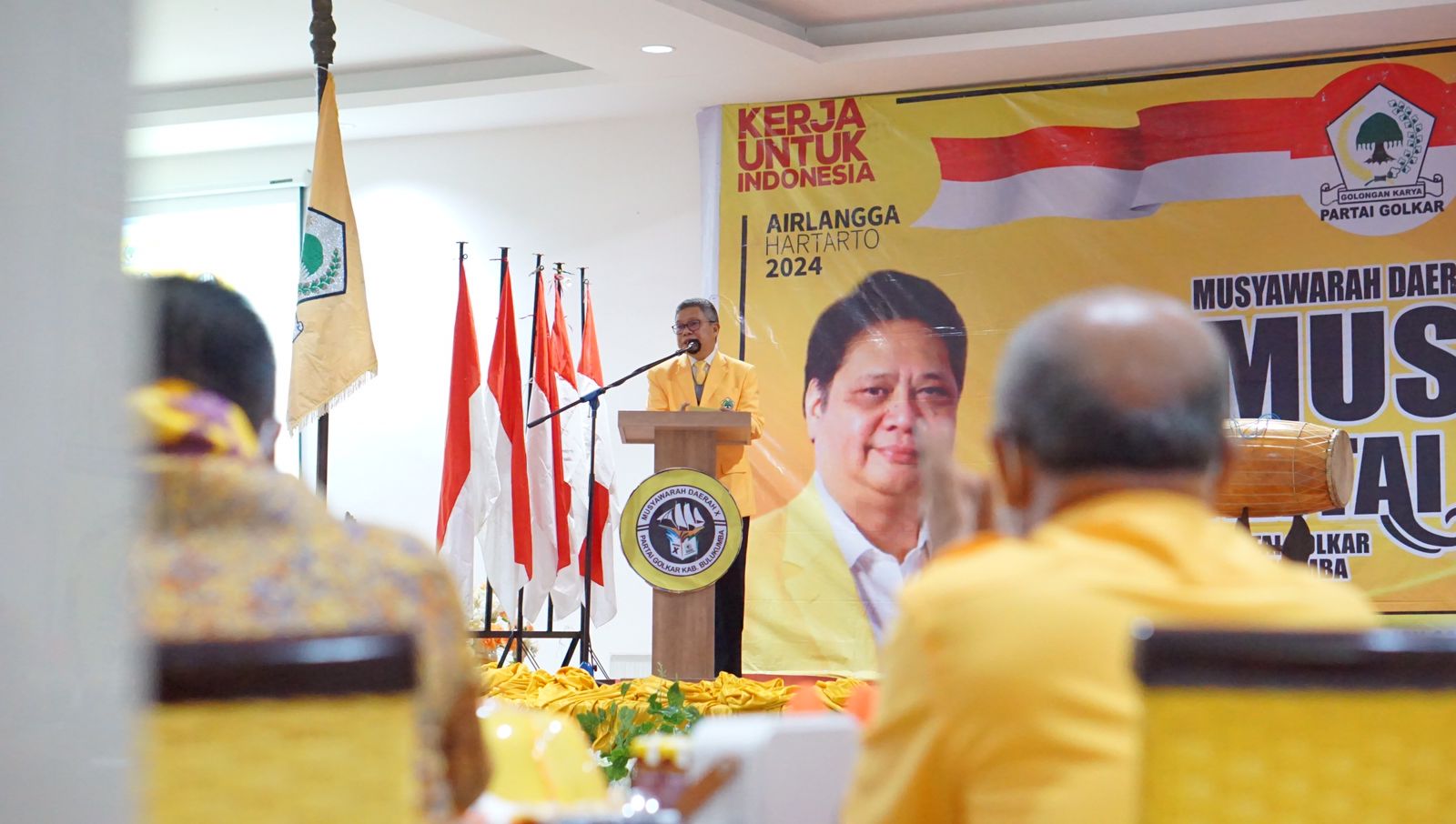 Ketua DPD I Partai Golkar Sulsel Taufan Pawe memberi sambutan di Musda Bulukumba di Hakuna Matata Bira, Minggu 28 Agustus 2021. (Ist)