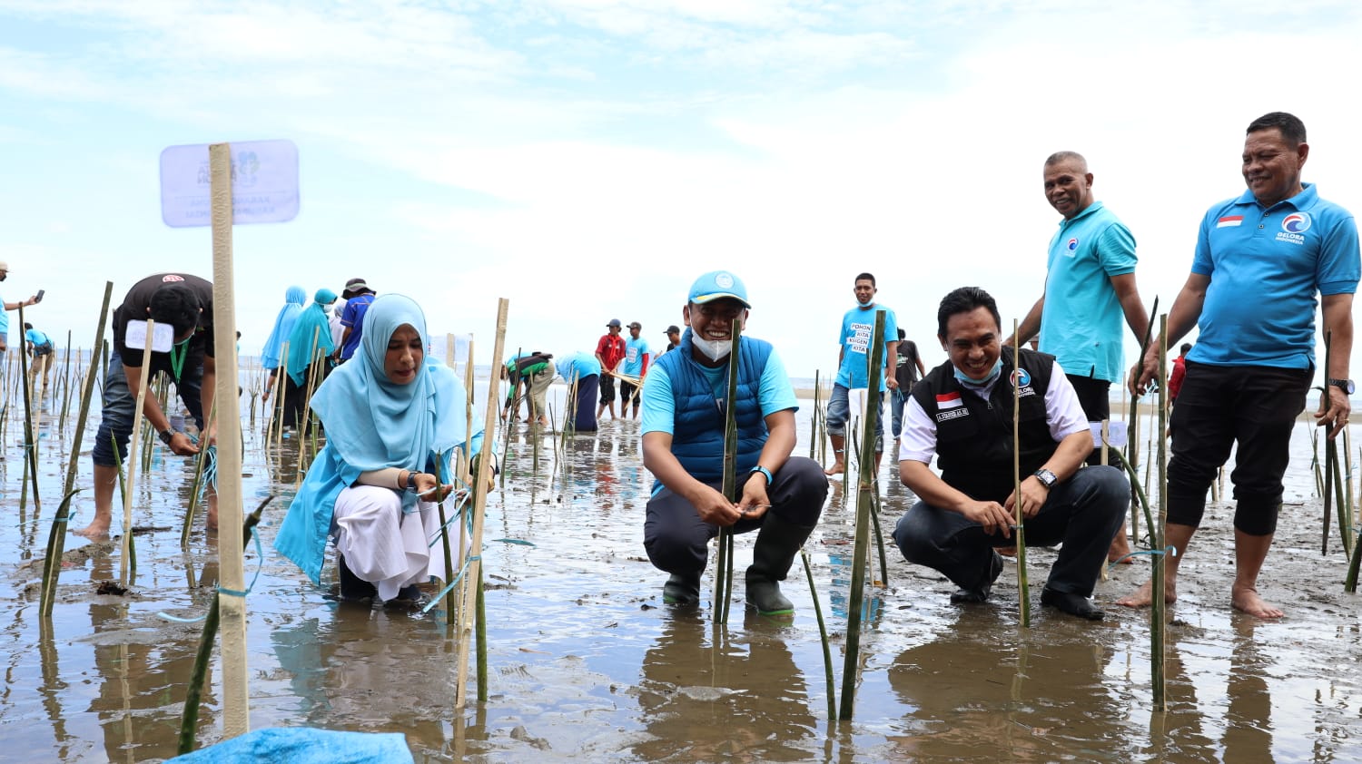 Ketua Gelora Sulsel Syamsari Kitta bersama Bupati Sinjai Andi Seto bersama ratusan kader Gelora menanam pohon mangrove di Sinjai Timur, Minggu 28 Oktober 2021. (Ist)