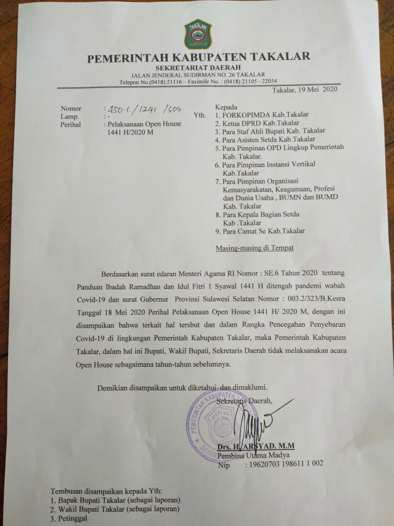 Pemkab Takalar memutuskan meniadakan open house usai lebaran tahun ini sebagai salah satu upaya memutus mata rantai penyebaran Covid 19. (Ist).