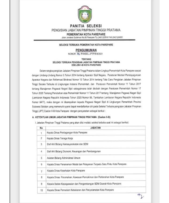 Pengisian jabatan tinggi pratama di lingkup Pemkot Parepare. (Ist)