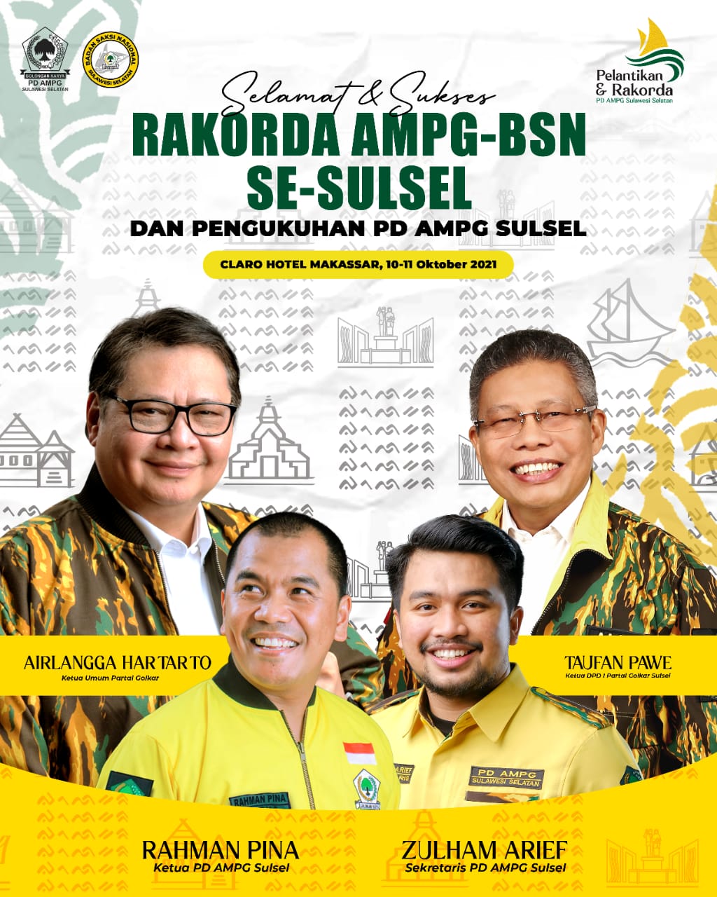 Rakorda AMPG dan BSN Sulsel akan dihadiri tujuh bupati dan tiga wakil bupati, Minggu 10 Oktober 2021. (Ist)
