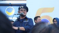 Syahrul Yasin Limpo sedang berorasi beberapa waktu lalu di hadapan kader Nasdem Sulsel. (Int)